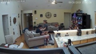 Couple getting it on in the living room. Creampie (2 angles)