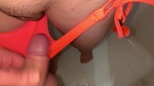 My Boyfriend Cums in my Bikini and my Hairy Pussy and I Surprise him (Pissing)