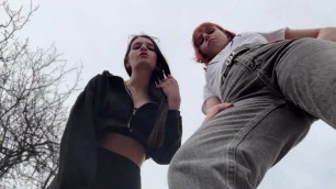 Bully Girls Spit on you and Order you to Lick their Dirty Sneakers - Outdoor POV Double Femdom