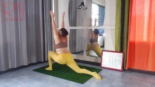 Regina Noir. Yoga in yellow tights doing yoga in the gym. A girl without panties is doing yoga. 2